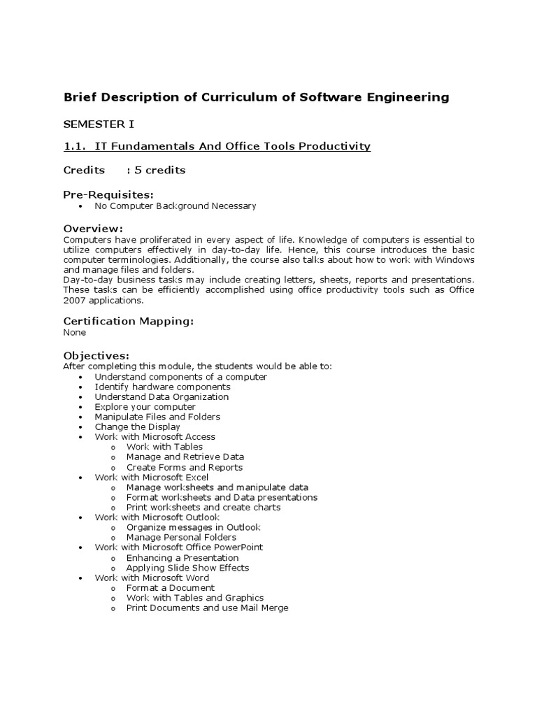 Brief Description of Curriculum of Software Engineering | PDF ...