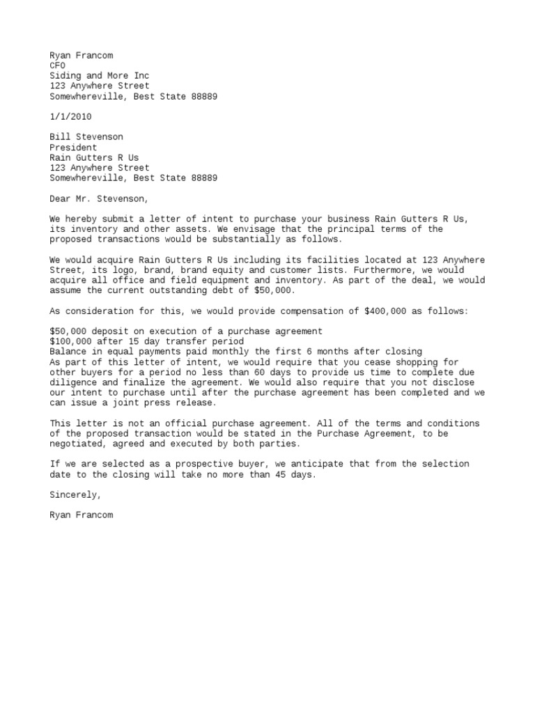 Sample letter to intent