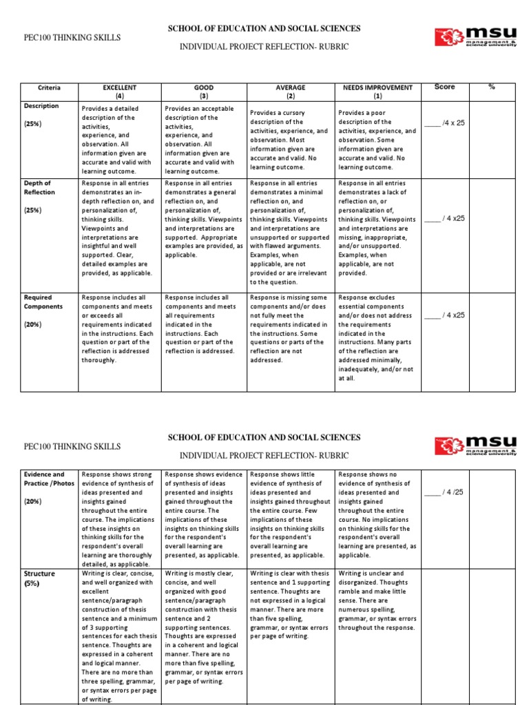 PEC100 Reflection Project Rubric | PDF | Syntax | Paragraph