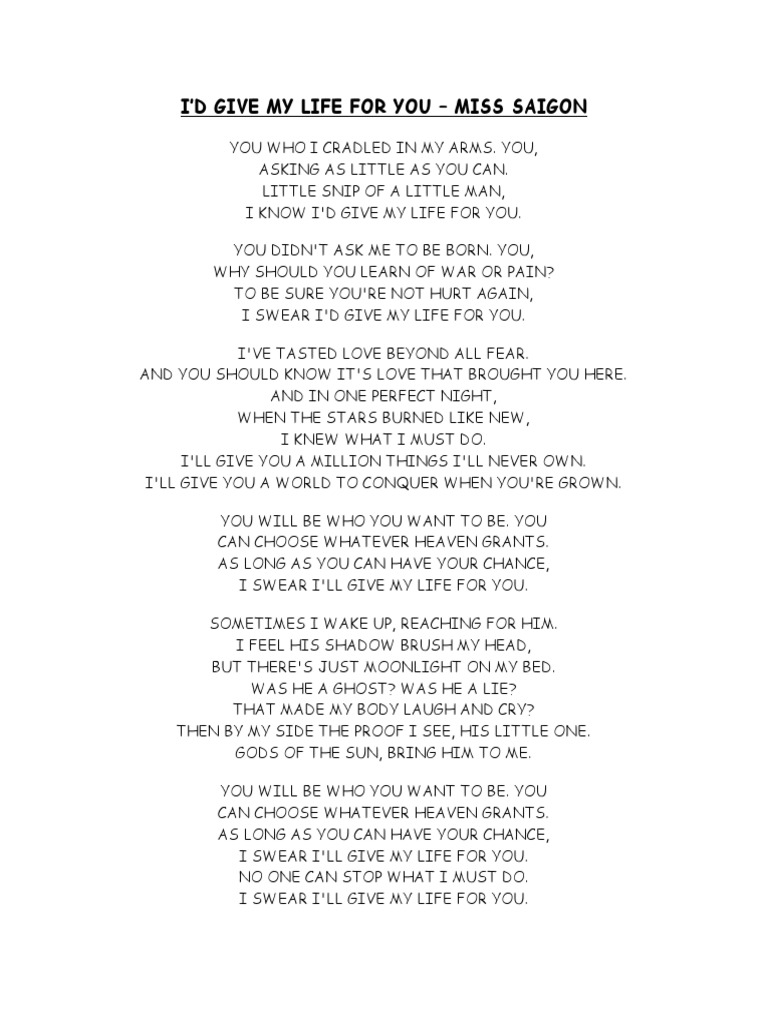 I'd Give My Life For You Lyrics PDF