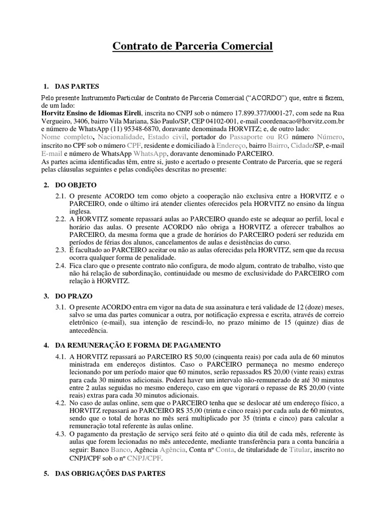 Contrato De Parceria Comercial Pdf Propriedade Intelectual Business