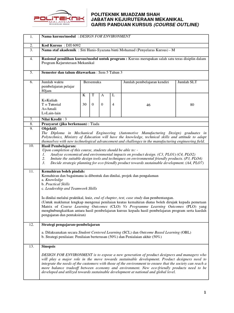 Contoh Course Outline PDF Life Cycle Assessment Engineering