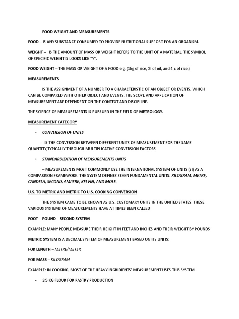 Food Weight and Measurement Guide | PDF | Measurement | International ...