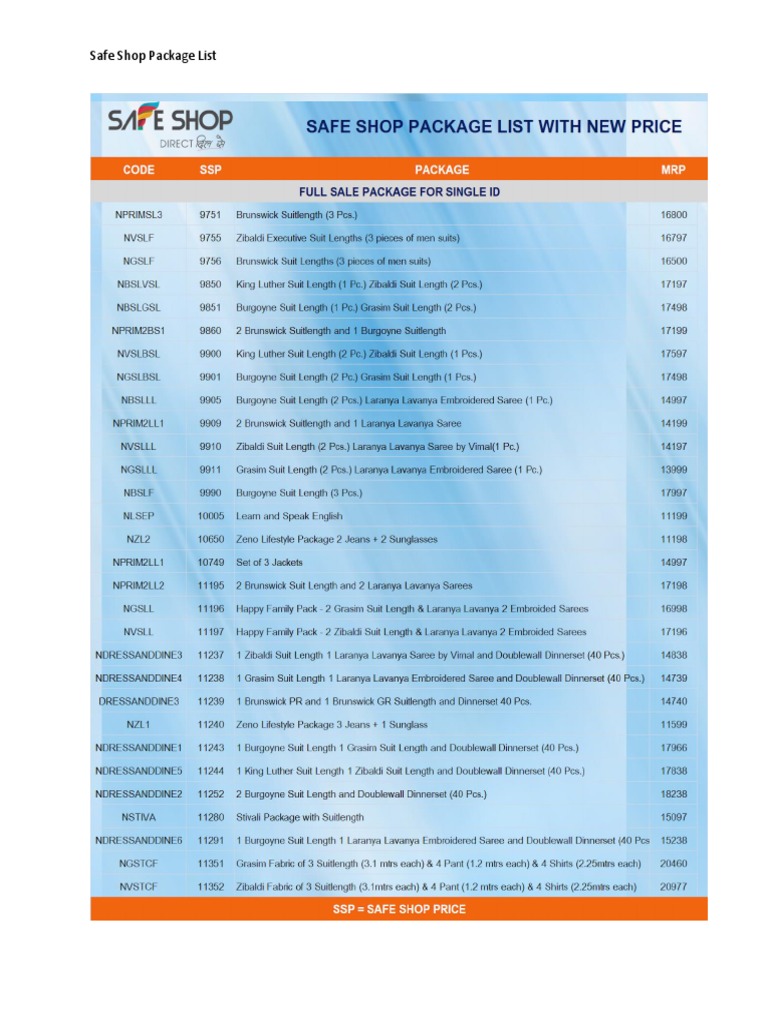 Safe Shop Products and Pricing List | PDF