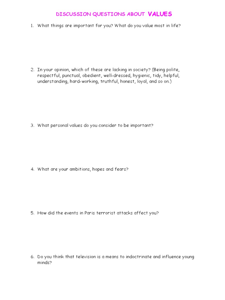Values Discussion Questions for Reflection | PDF | Philosophical ...