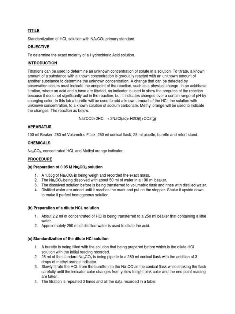 Standardization of HCl with Na2CO3 | PDF | Molar Concentration | Titration