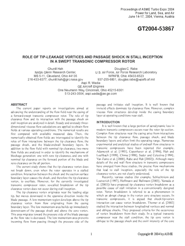 Role Of Tip Leakage Vortices And Passage Shock In Stall Inception In A Swept Transoninc Compressor Rotor Pdf Aerodynamics Flight