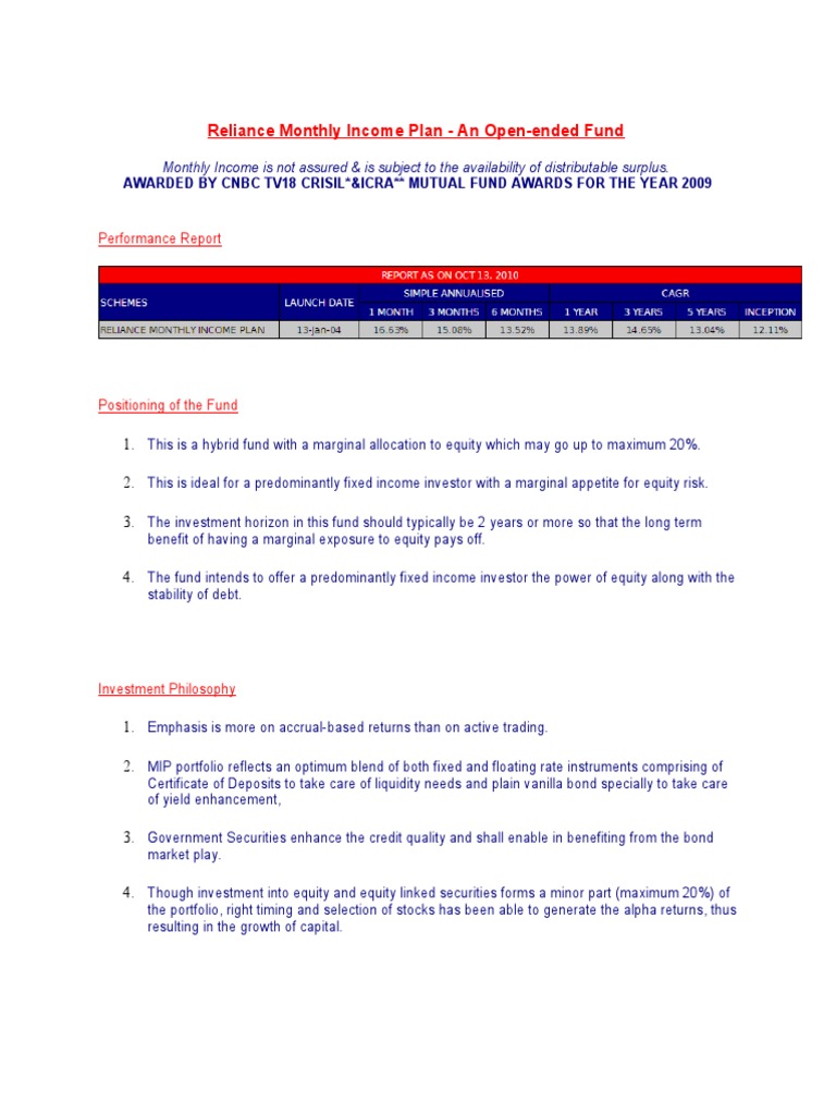 Reliance Monthly Income Plan Overview | PDF | Dividend | Institutional ...