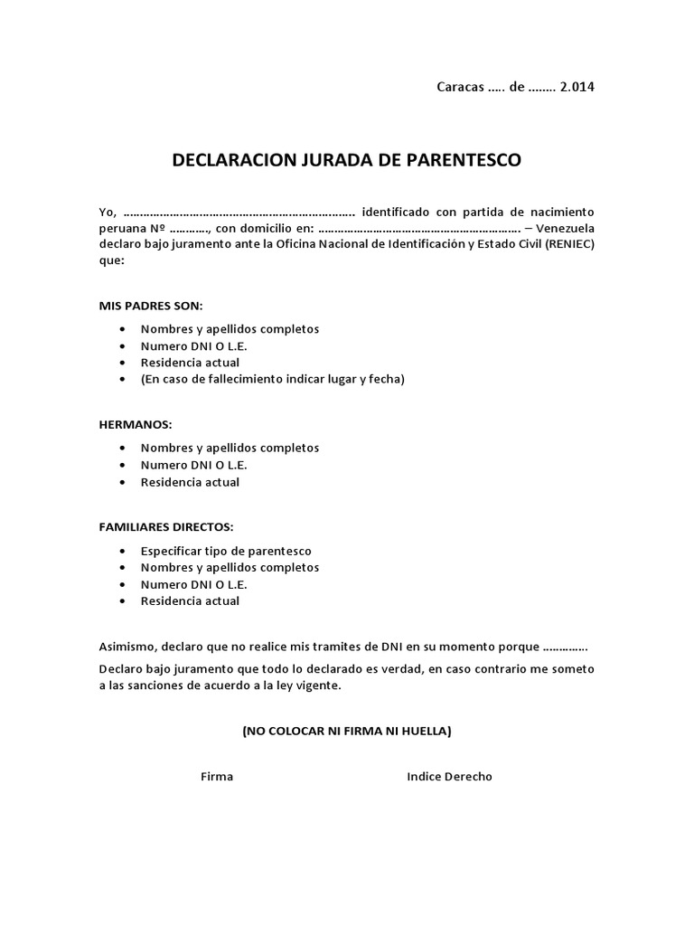 Declaracion Jurada de Parentesco-2014 - Modelo | PDF