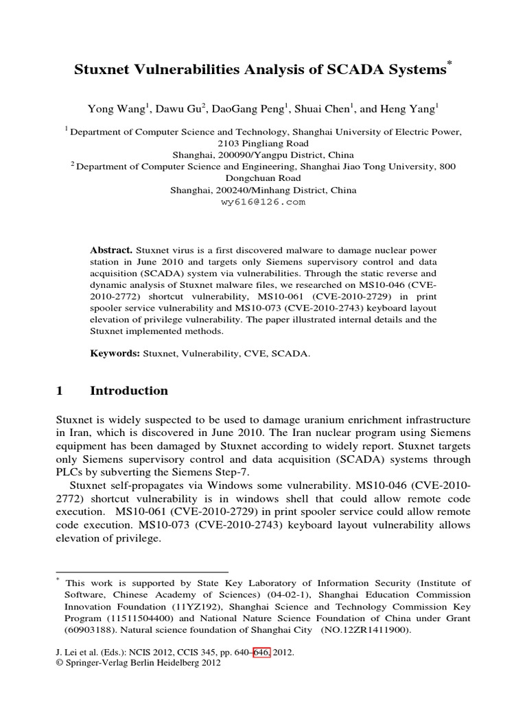 Stuxnet Vulnerabilities Analysis of SCADA Systems | PDF | Scada | Computing