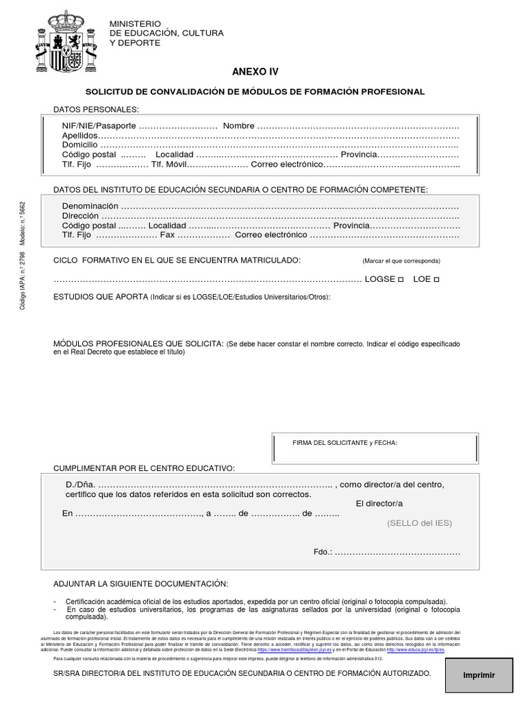 Solicitud de convalidación de módulos de Formación Profesional | PDF ...