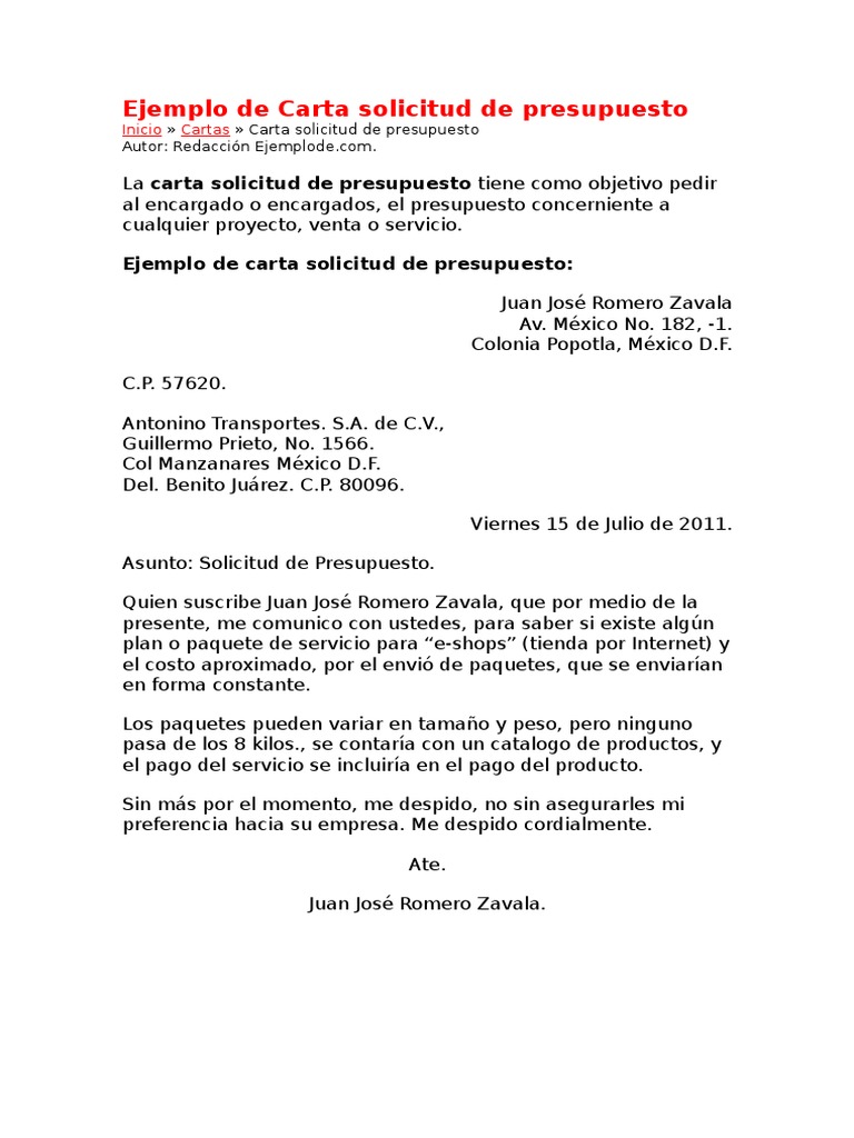 Ejemplo De Carta Solicitud De Presupuesto Presupuesto