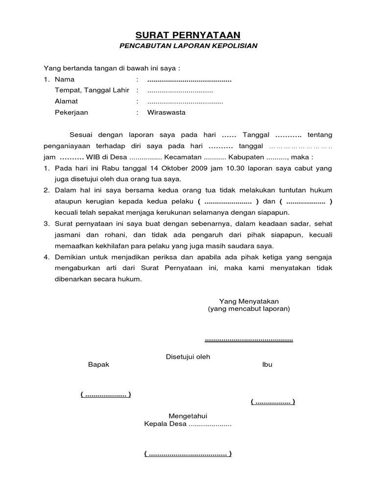 Surat Pernyataan Pencabutan Laporan Kepolisian