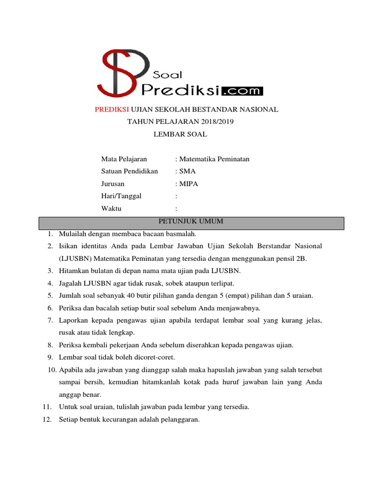 Www Soalprediksi Com Soal Usbn Matematika Peminatan Sma Paket 2
