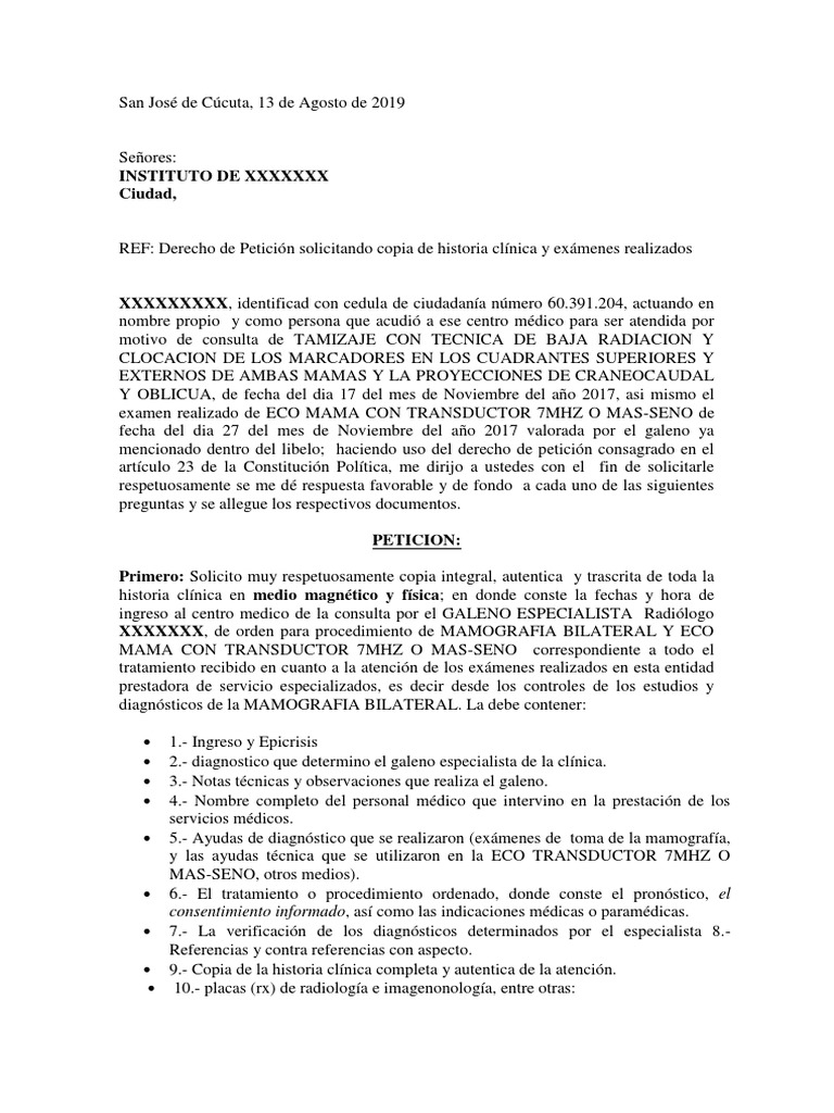 Derecho de Peticion para Solicitar Historias Clinicas | PDF ...