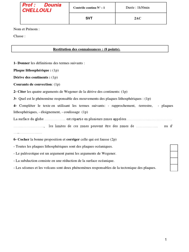 Devoir Corrigé Svt 4ème Mouvement Des Plaques Contrôle Continu 2AC 1 | PDF | Tectonique des plaques | Environnement  naturel mondial