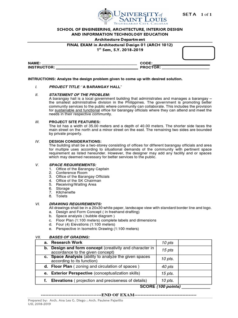 Barangay Hall Design Exam Guide | PDF | Design | Test (Assessment)