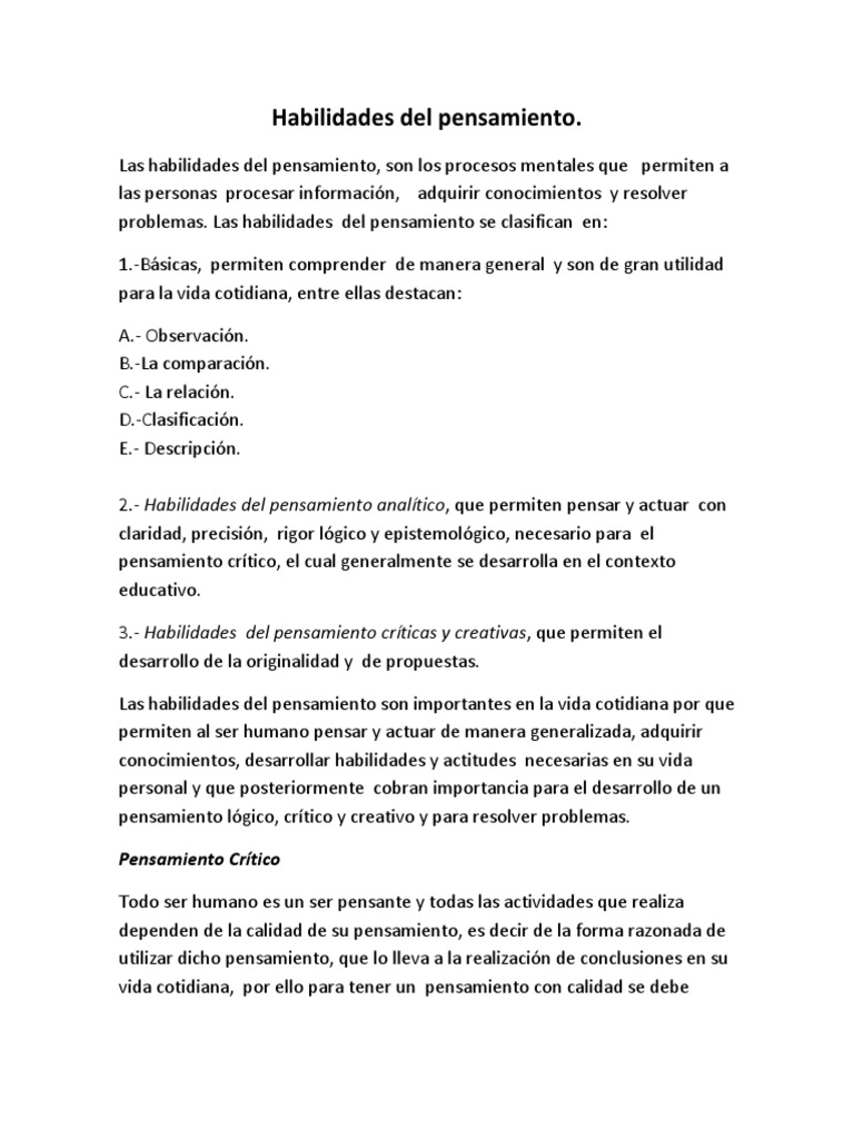 Habilidades Del Pensamiento | PDF | Pensamiento crítico | Aprendizaje