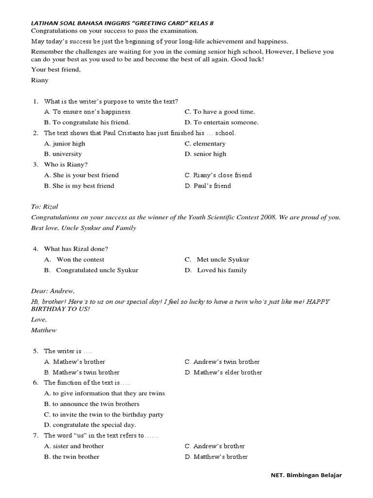 Latihan Bahasa Inggris Greeting Card Kelas 8 PDF