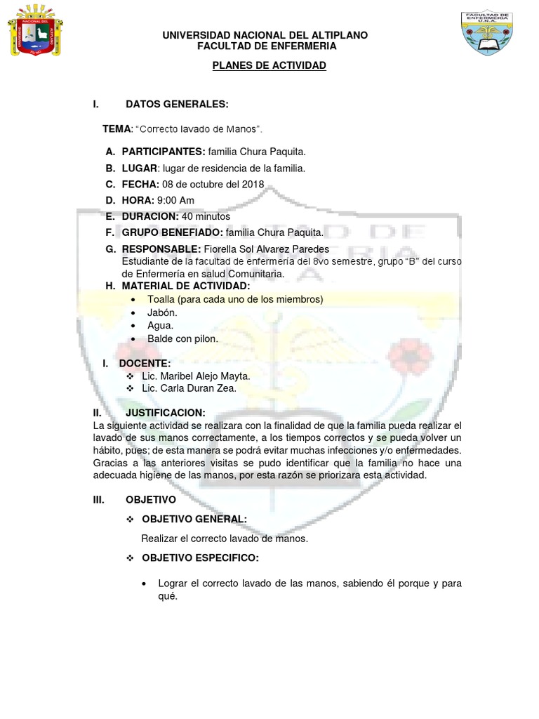 Planes De Actividad De Lavado De Manos Lavado De Manos