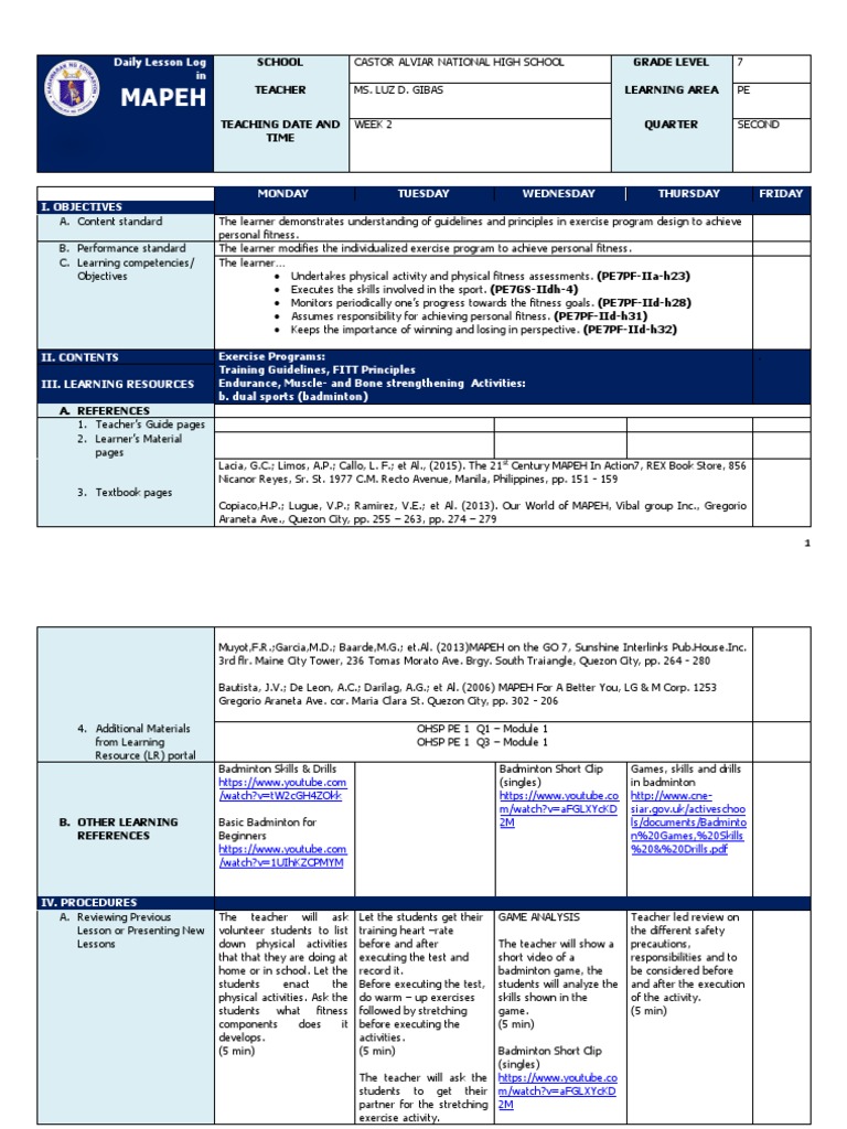 q2 Grade 7 Pe DLL Week 2 | PDF | Physical Exercise | Recreation