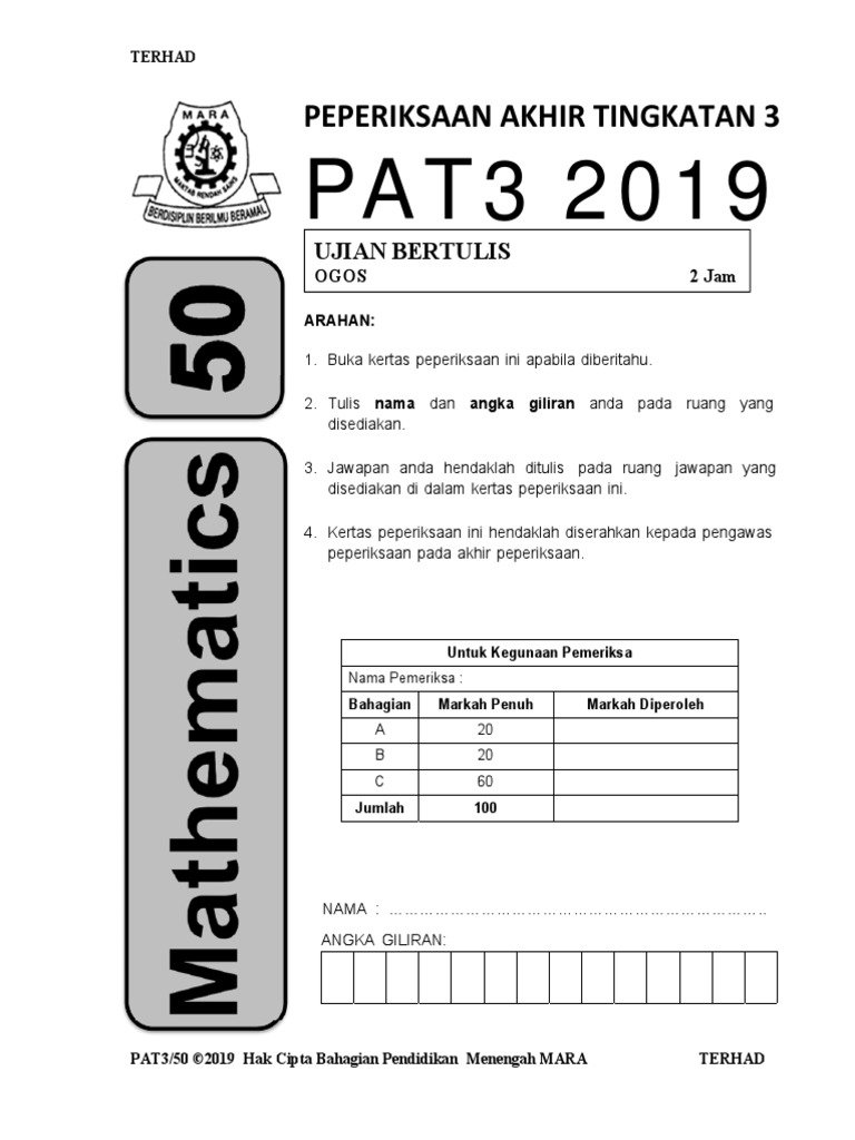 Kertas Percubaan Matematik PT3 2019 MRSM