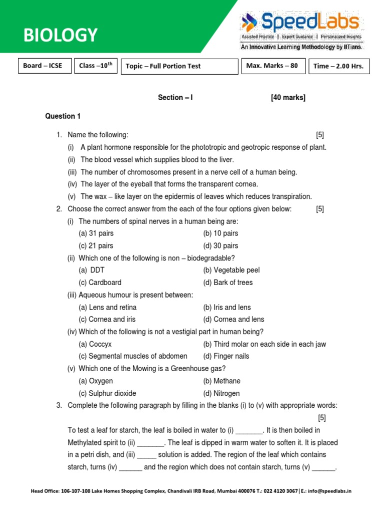 ICSE10 - Biology - Full Portion Test Paper - 02 | PDF | Anatomy | Biology