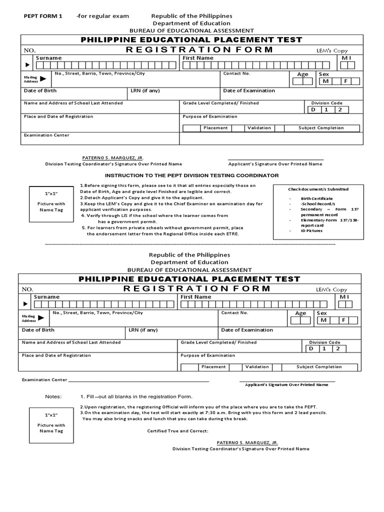 Registration form philippine educational placement test pdf birth