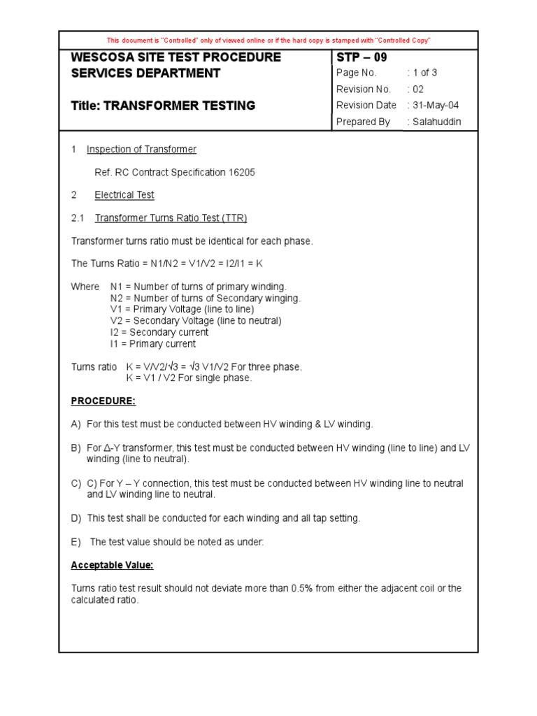 Transformer Test Procedure | PDF | Transformer | Electrical Resistance ...
