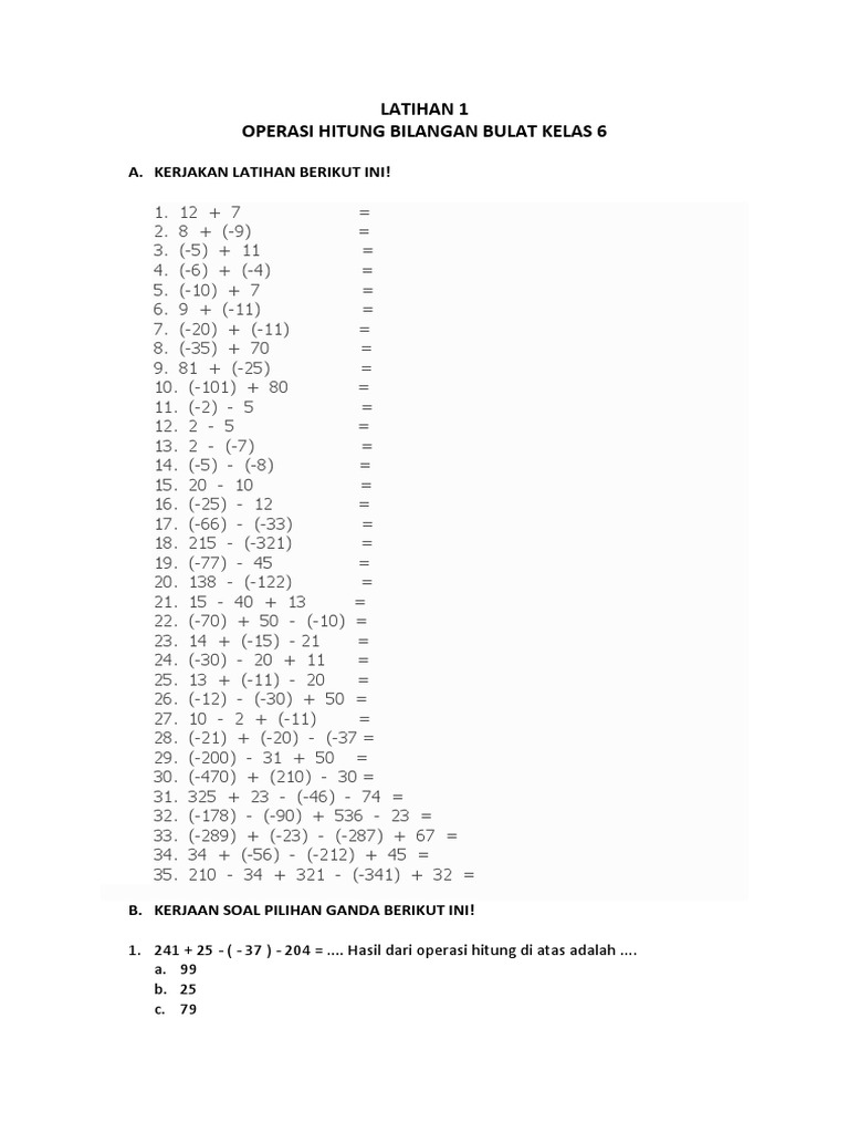 Soal Pilihan Ganda Operasi Hitung Bilangan Bulat Guru Paud