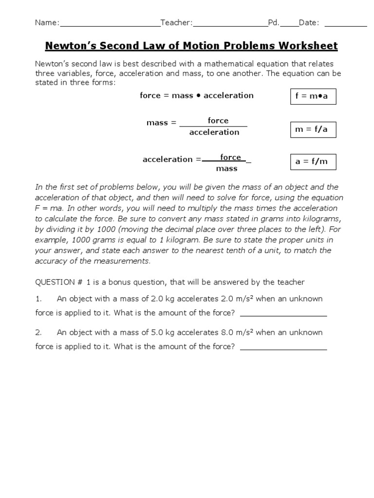 Second Law of Motion Worksheet | PDF | Mass | Kilogram
