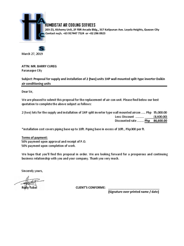 Air Conditioning Installation Proposal | PDF