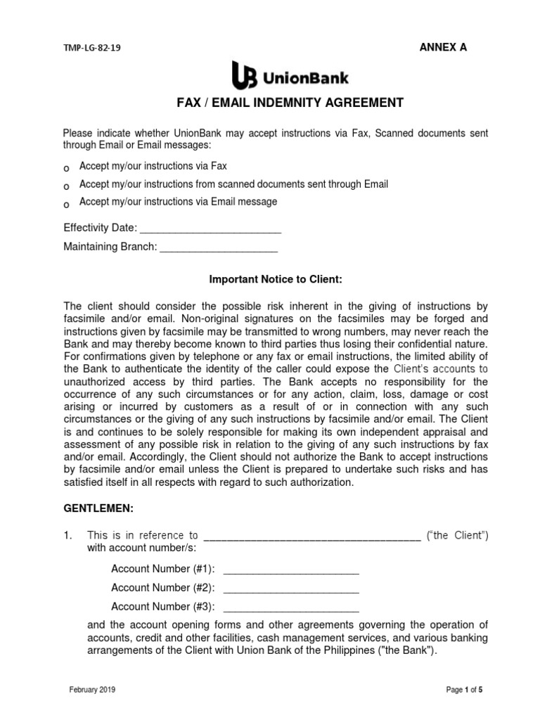Fax / Email Indemnity Agreement Annex A PDF Fax Signature
