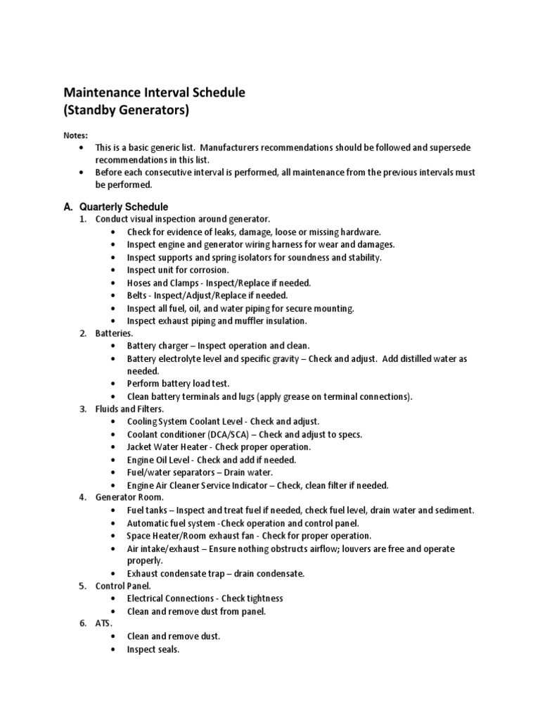 Standby Generator Maintenance Schedule | PDF | Bearing (Mechanical) | Coolant