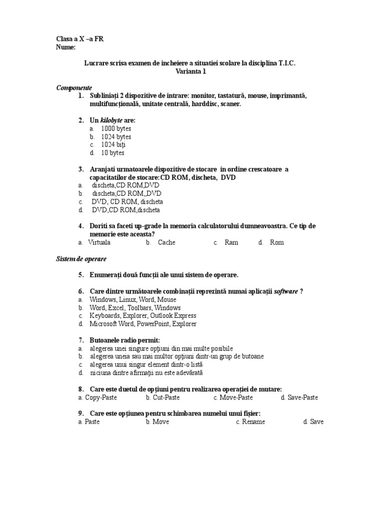 Test Initial Clasa A X A TIC | PDF