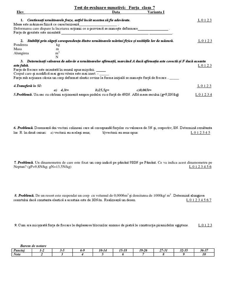 Test de Evaluare Sumativa Forta Clasa 7 | PDF
