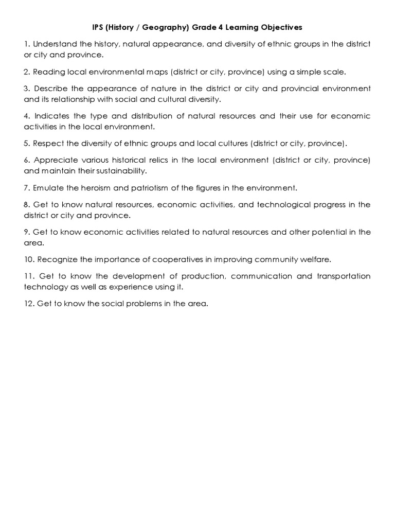 IPS (History / Geography) Grade 4 Learning Objectives PDF