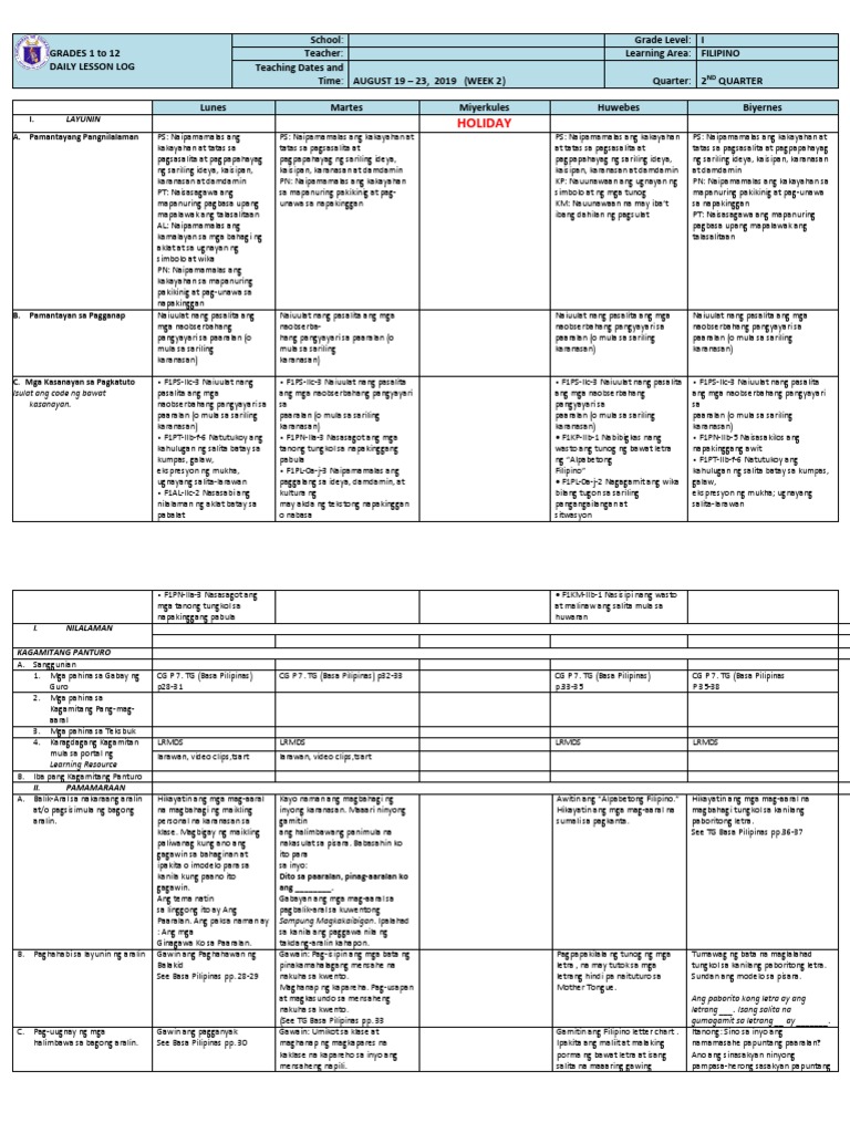 Filipino Grade 1 q2 Week 2 DLL | PDF
