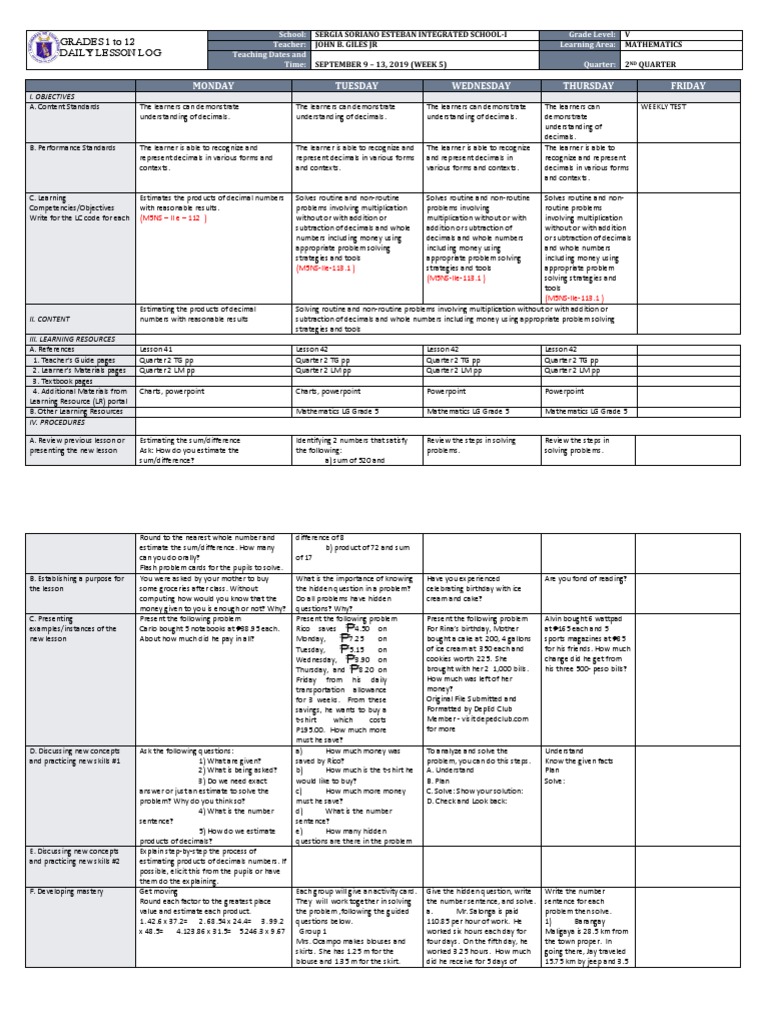 Grade 5 Math Lesson on Decimals | PDF | Subtraction | Teachers
