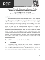 Influence of Celebrity Endorsement On Consumer Purchase Intention For Existing Products: A Comparative Study