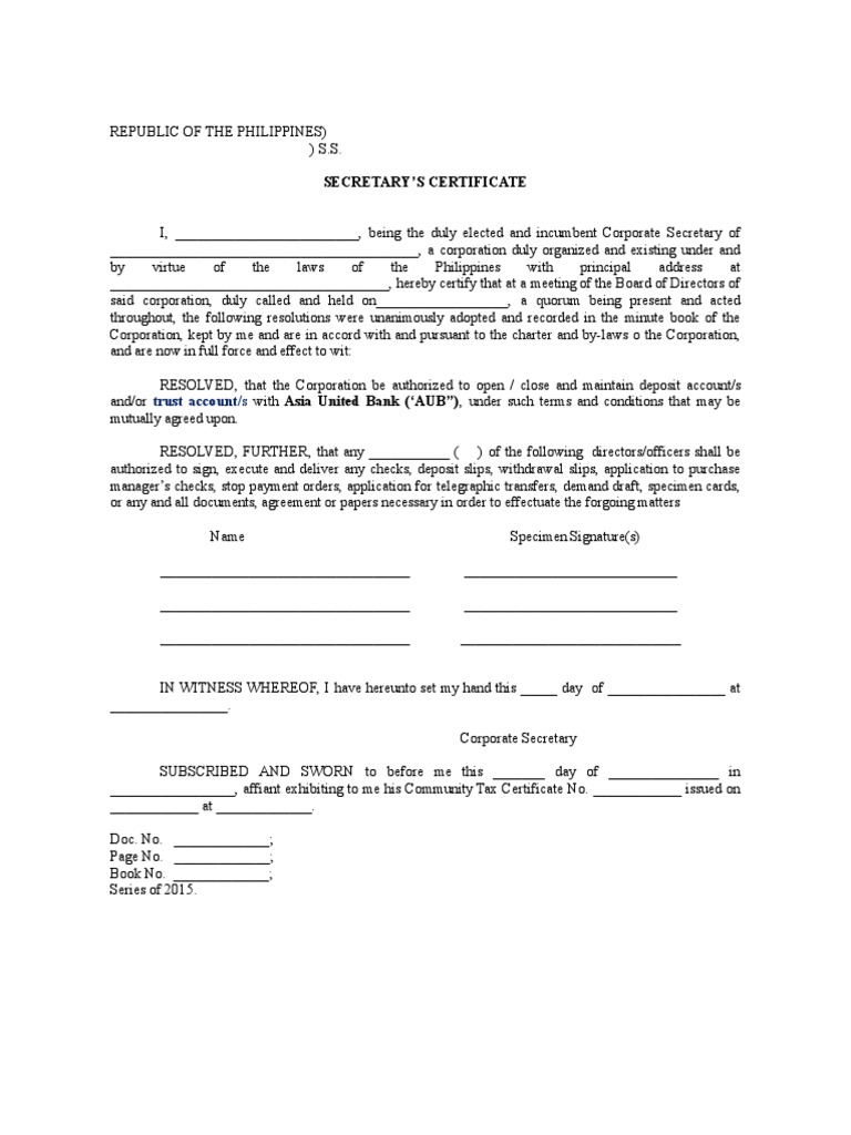 Secretary's Certificate for AUB Authorization | PDF