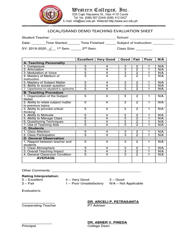 Western Colleges, Inc.: Local/Grand Demo Teaching Evaluation Sheet ...