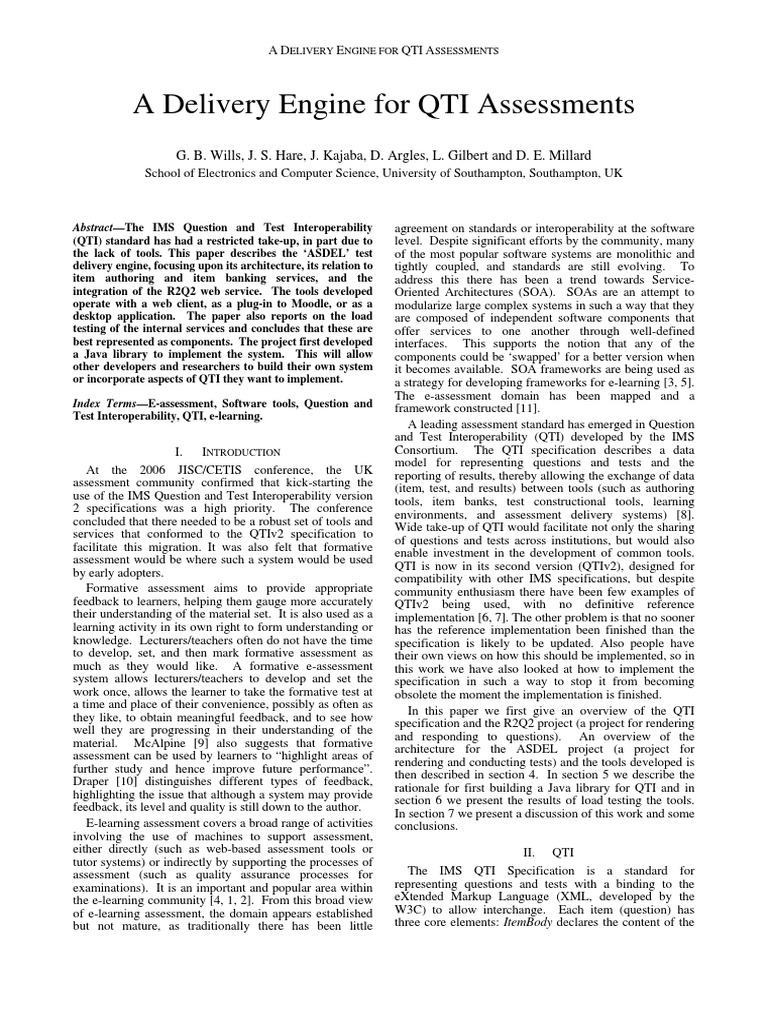 A Delivery Engine For QTI Assessments G. B. Wills, J. S. Hare, J