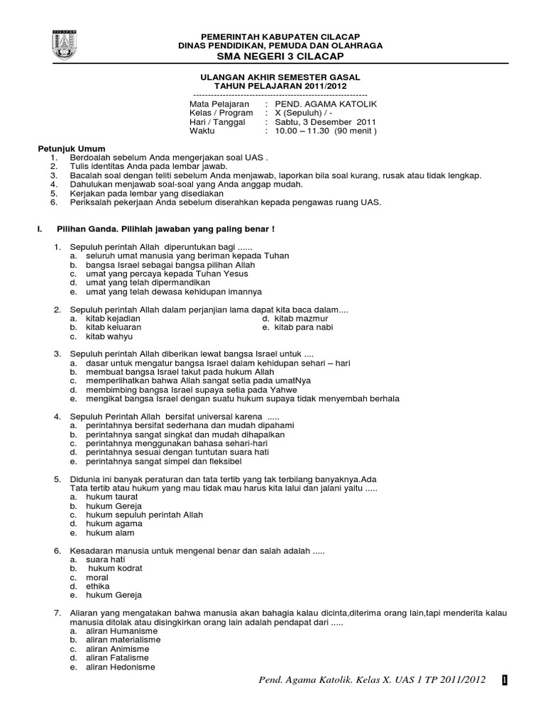 78125887 Agama Katolik Kelas X Sepuluh Uas 1 2011 2012 Docx