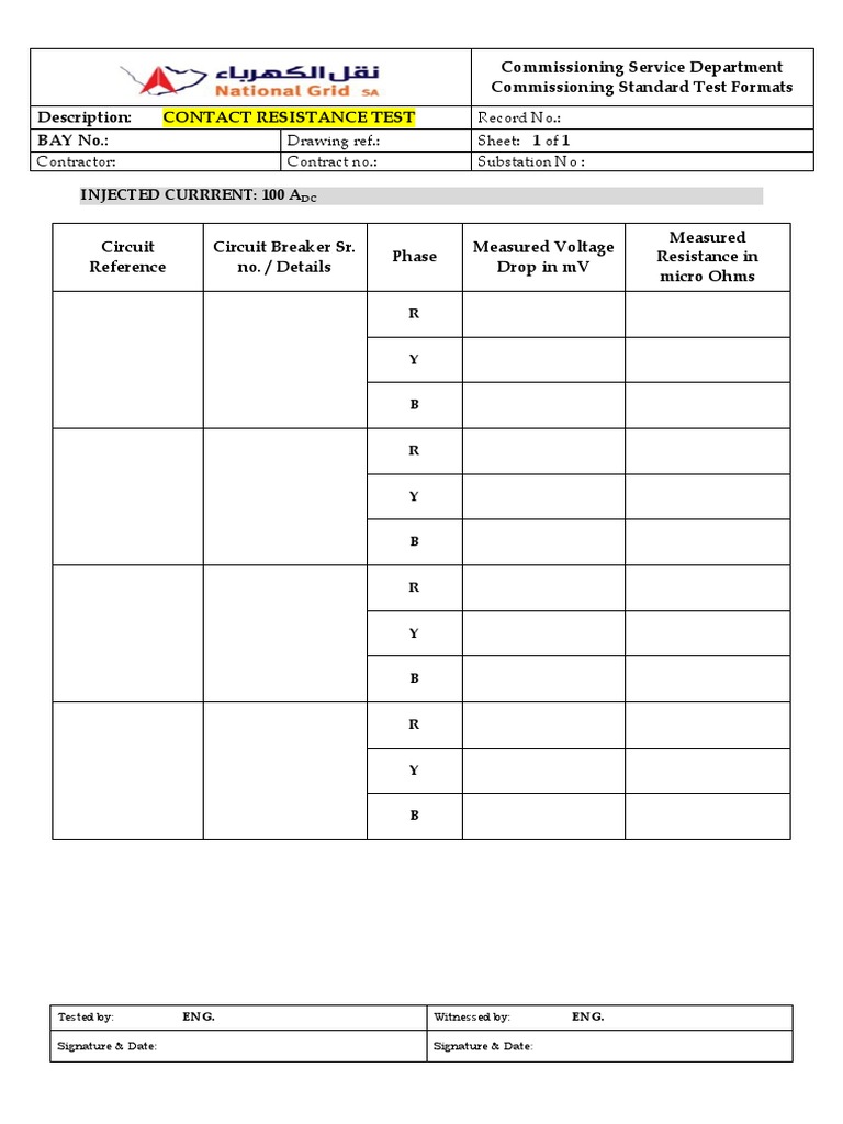Contact Resistance Test Format PDF