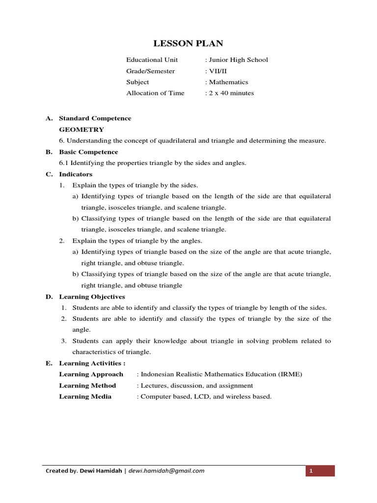 Lesson Plan: Types of Triangles for 7th Grade | PDF | Triangle | Worksheet