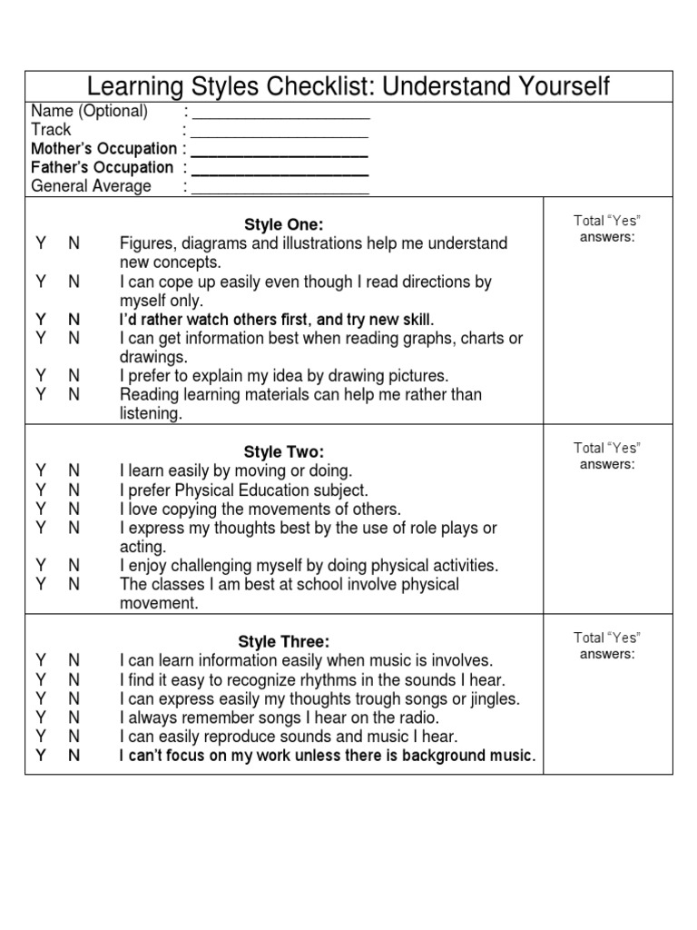 Learning Styles Self-Assessment Checklist | PDF | Language Arts ...