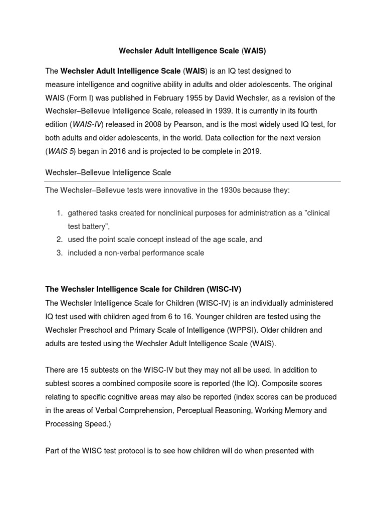Overview of Wechsler IQ Tests | PDF | Wechsler Adult Intelligence Scale ...