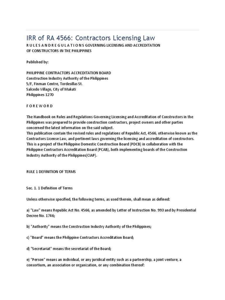 IRR of RA 4566: Contractors Licensing Law | PDF | Board Of Directors ...