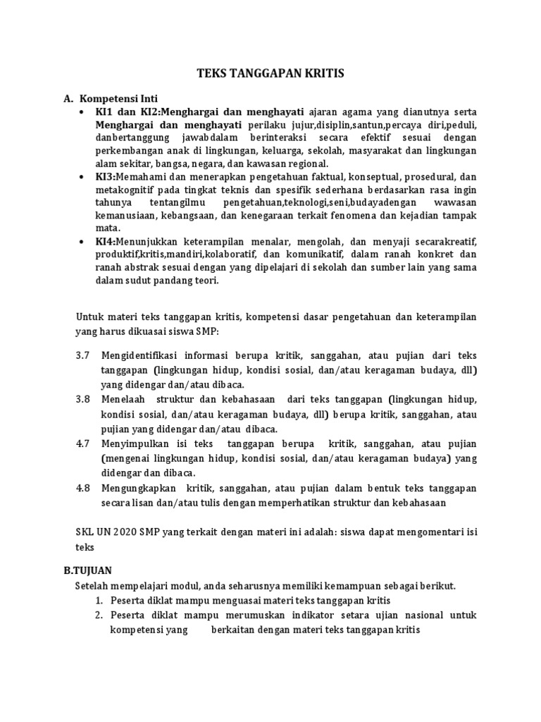Bahan Ajar Teks Tanggapan Kritis